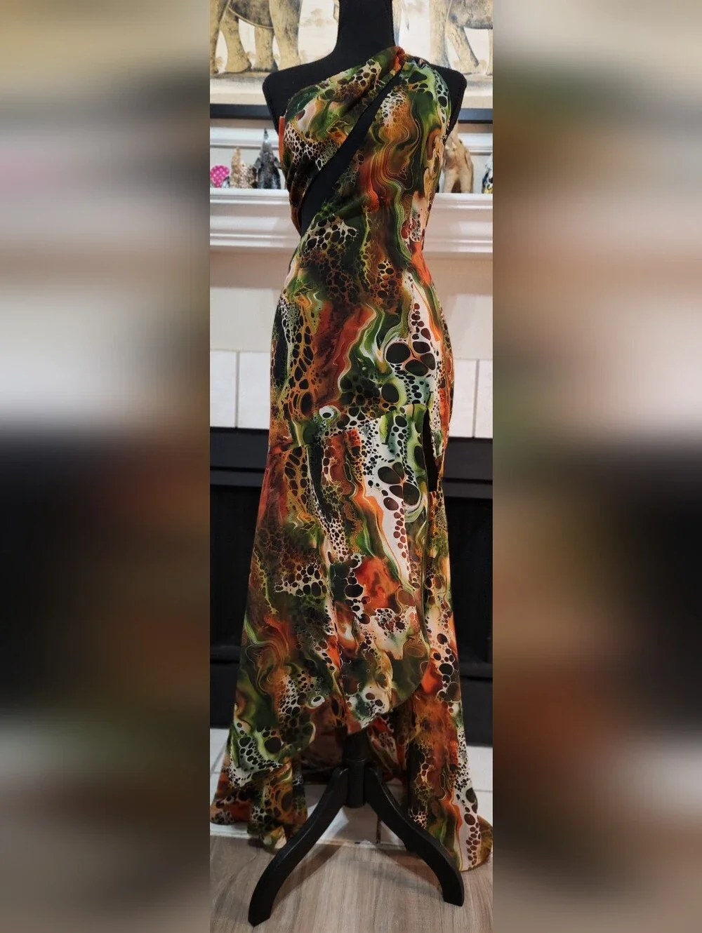 One-Shoulder Green & Orange Print Maxi Dress - Picture 1 of 3